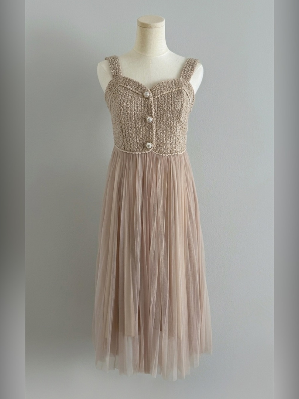 Lian Yi Fang / Boucle Knit & Tulle Midi Dress - Romantic Boho Beige